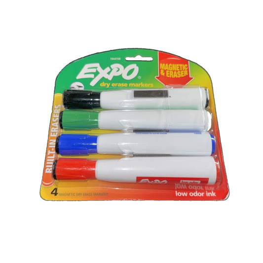 EXPO Magnetic Dry Erase Markers with Erasers, Chisel Tip, Assorted Colors, Set o