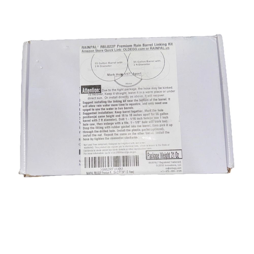 Rainpal RBL022P Premium rain Barrel Linking kit, Rain pal – a white box with a label on it