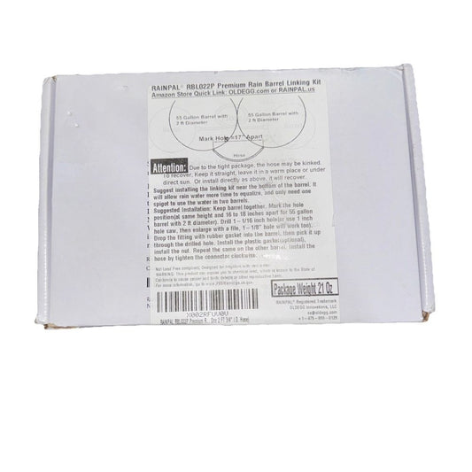 Rainpal RBL022P Premium rain Barrel Linking kit, Rain pal – a white box with a label on it