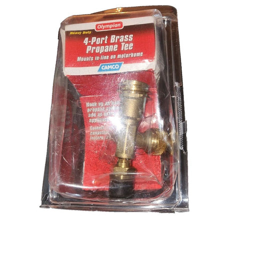 Camco 59113 Propane Brass Tee with 4 Port – a red and gold colored plastic bottle with a plastic cap