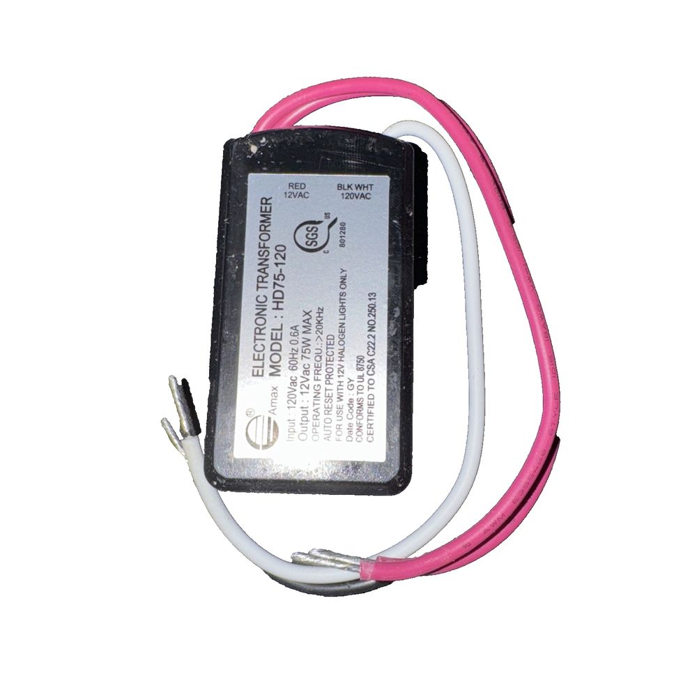 75W Electronic Low Voltage Halogen Transformer HD75-120, Amax – a pink and white battery with a white cord