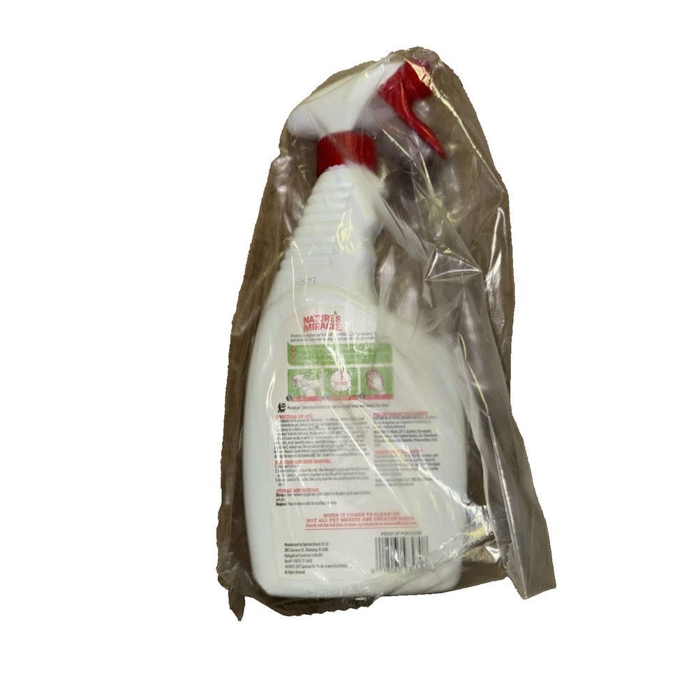 Nature's Miracle Small Animal Cage and Surface Cleaner, Bio-Enzymatic Cleaning F, Natures Miracle – a bag of white liquid with a red handle