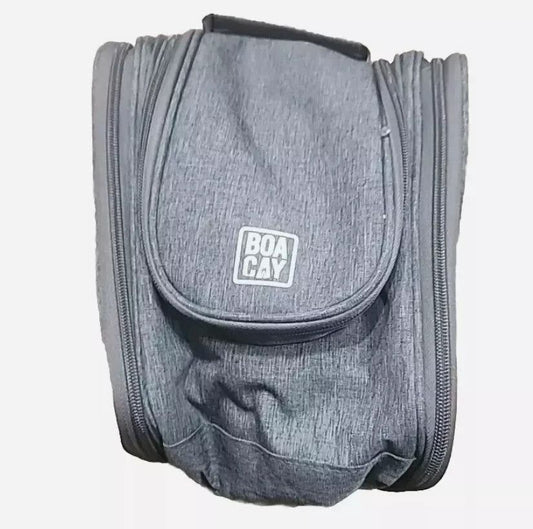 BOACAY XL Hanging Toiletry Bag - Premium Travel Organizer – a grey bag with a white logo on it