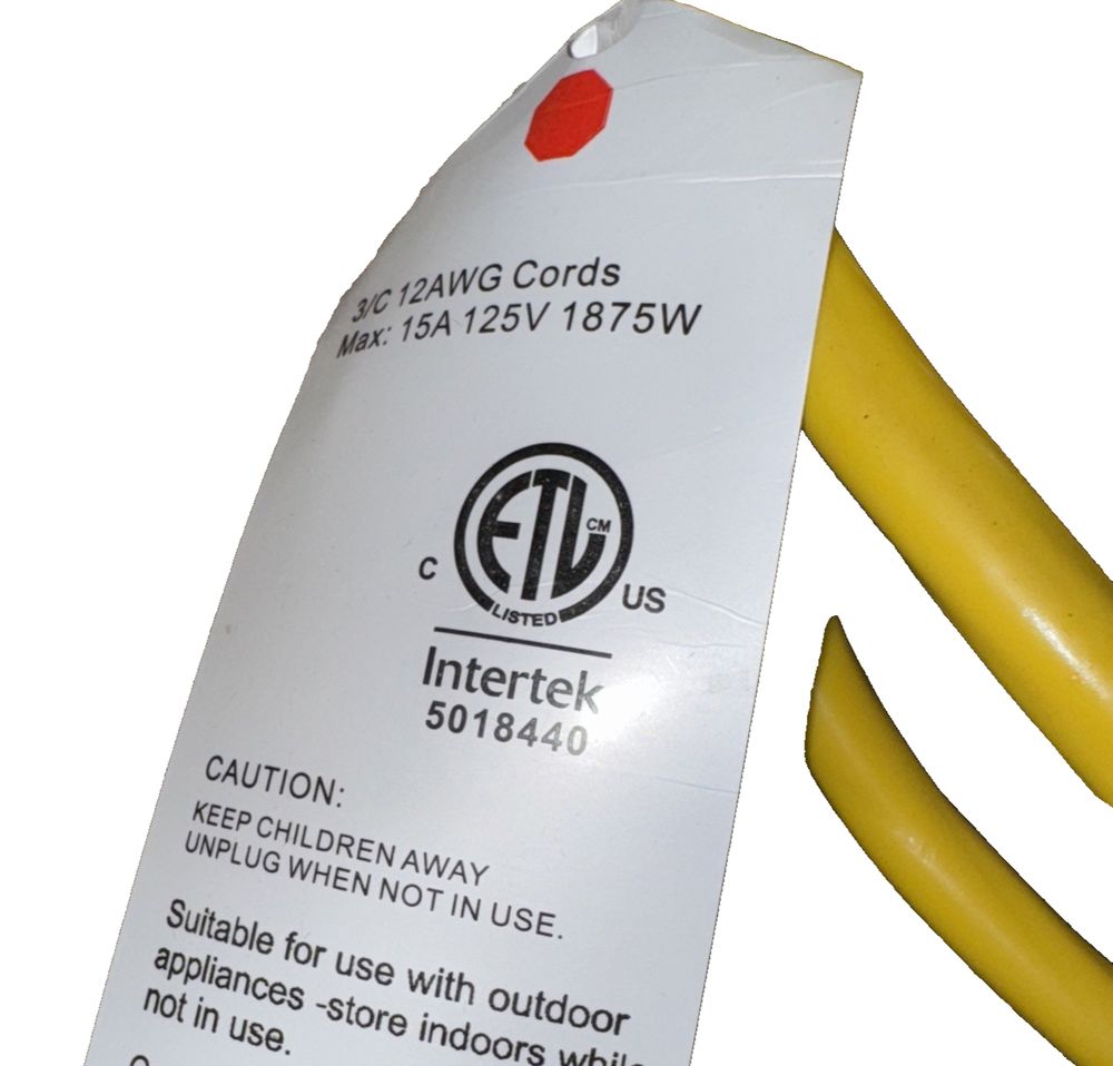 POWGRN Exenstion Cord 12 AWG 150 FT Lighted Yellow – a yellow cable with a white label on it