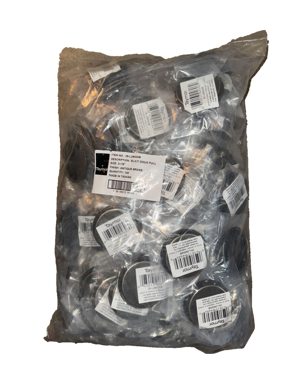 25-L2900Ab Slide Door Pull 2-1/8" Antique Brass 100 pack, Taymor – a bag of plastic bags with labels on them