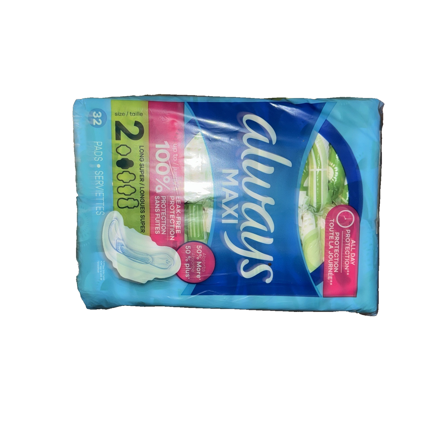 Maxi Pads Size 2 Long Super Absorbency Unscented with Wings, 32 Count