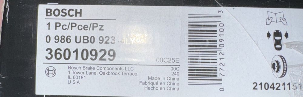 BOSCH 36010929 QuietCast Premium Disc Brake Rotor - Compatible with Select Merce – a close up of a label on a machine