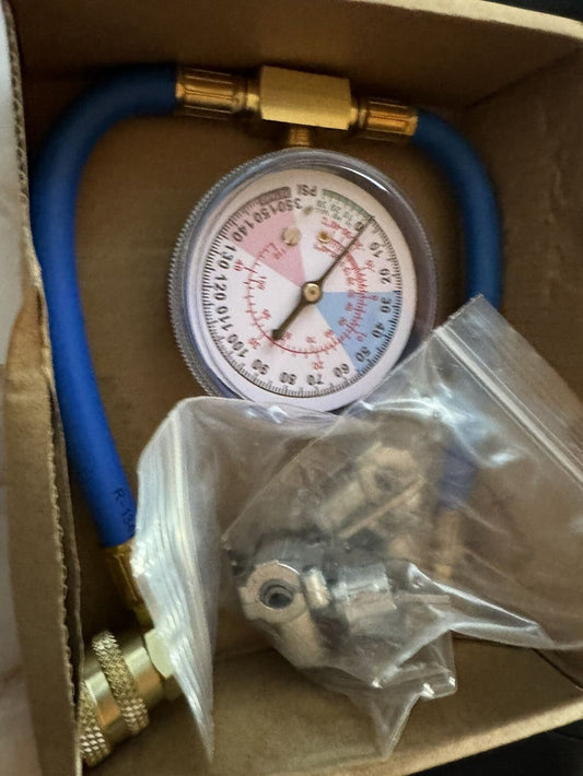 TEUN 2 Packs BPV31 Bullet Piercing Tap Valve Kits U-Charging Hose Refrigerant – a box with a gauge and a hose