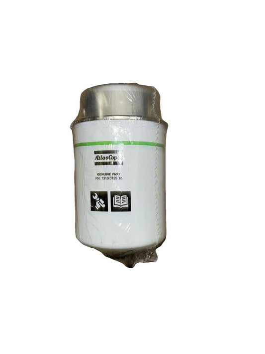 ATLAS COPCO 1310.0729.18 Fuel Filter, Atlas Corpco – a white canister with a green stripe