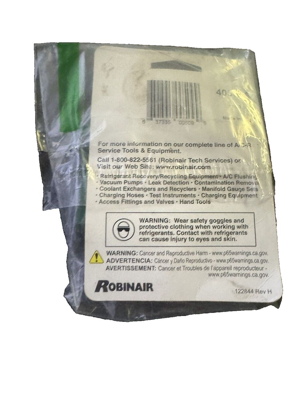 Robinair 40560A 1-4" FFL x 1-4" MFL Straight Access Adapter – a package of a white plastic bag with a green label
