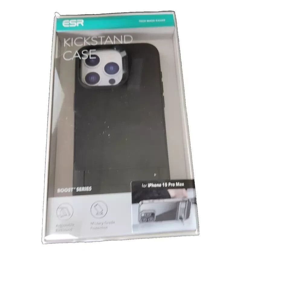ESR iPhone 15 Plus Case, MagSafe Silicone Case with Stand, Military-Grade Protec – a packaging for the case is shown