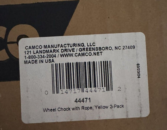Camco Wheel Chock w-Rope for Easy Removal - Helps Keep Your Trailer or RV in Pla – a box with a label on it
