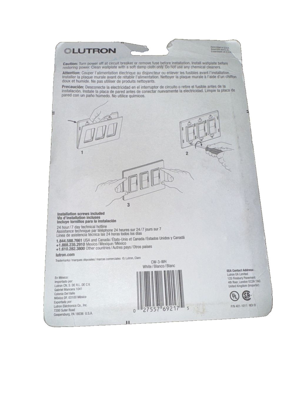 Lutron Wallplate Gloss Finish 3 Gang Decorator White CW-3-WH – a white plastic card with a black and white label