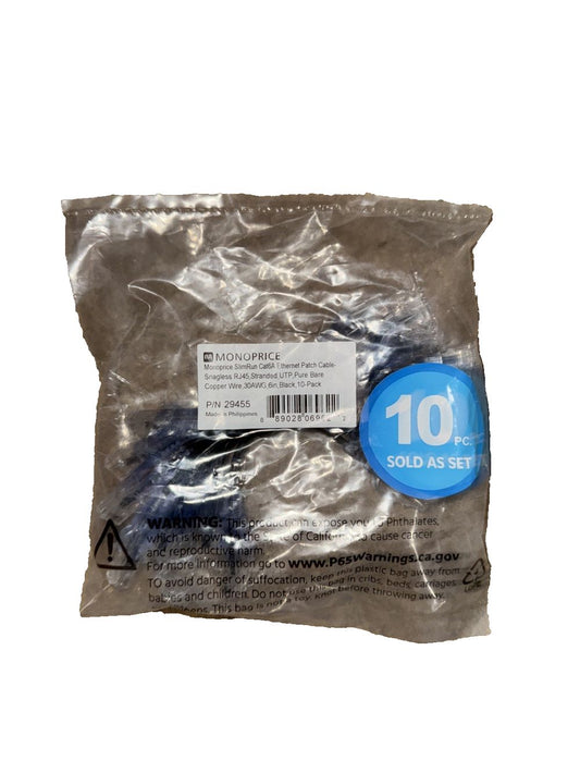 Monoprice Cat6A 6in Black 10-Pk Patch Cable, UTP, 30AWG, 10G, Pure Bare Copper, – a bag of blue plastic bags with a white label