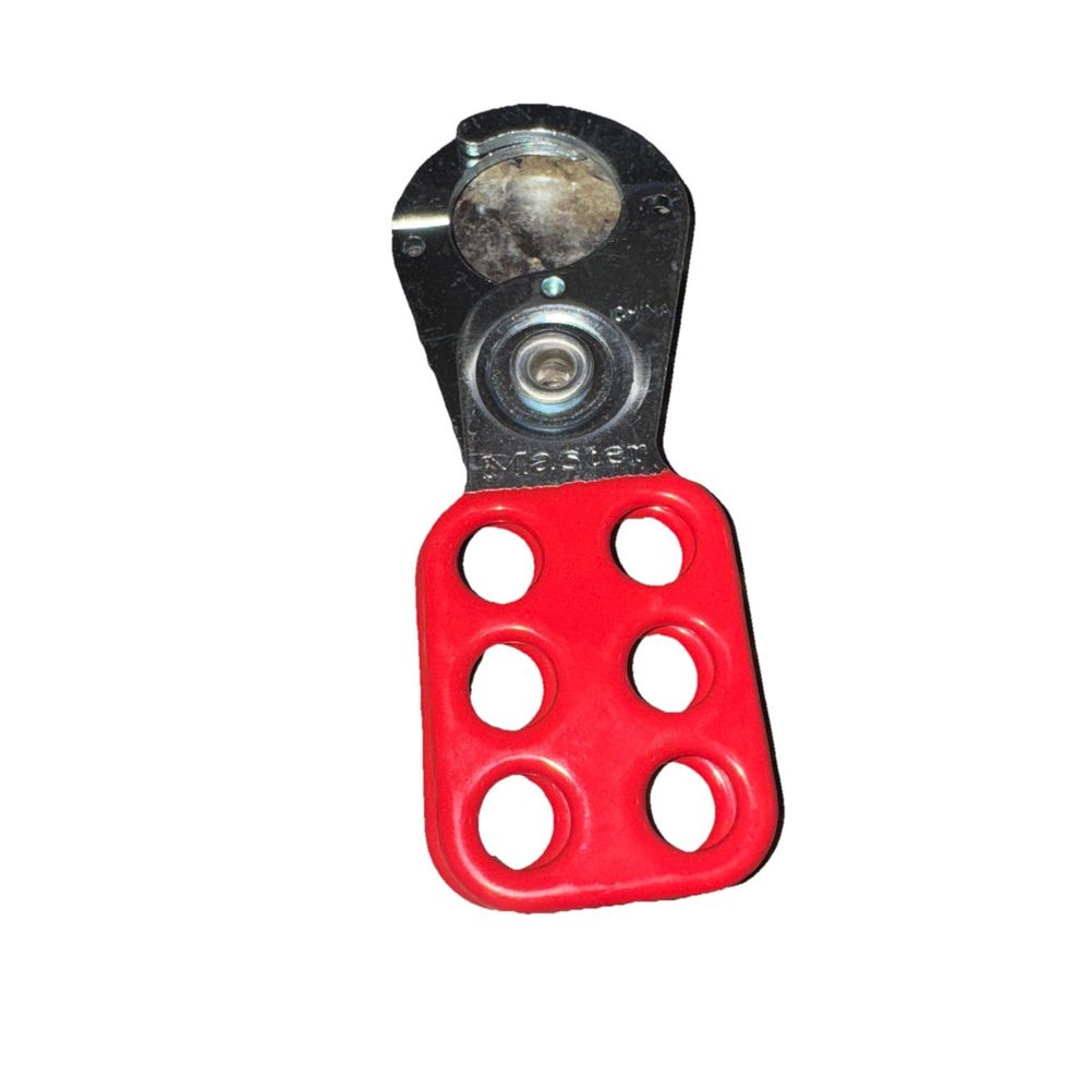 Brady 133162 Lockout Hasp, 1-1/2 Inch Jaw Opening, 6-Padlock, DaveyDooDeals – a red and black plastic clample