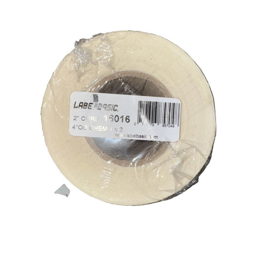 Label Basic 2" Core 16016 4" OD Chem 4x2 Thermal Labels 500 Pack, DaveyDooDeals – a roll of white tape on a white background