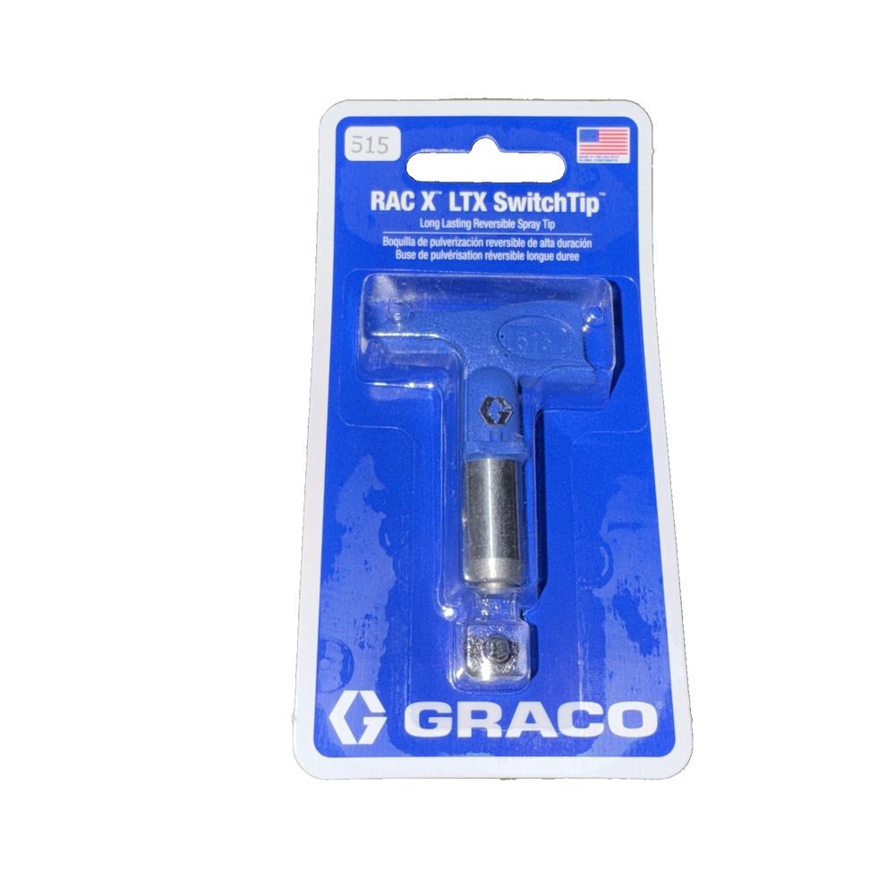.015" Graco LTX515 RAC X Reversible Switch Tip, Fan Width 10" - 12" – a blue and white package with a screw