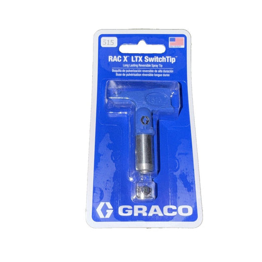 .015" Graco LTX515 RAC X Reversible Switch Tip, Fan Width 10" - 12" – a blue and white package with a screw