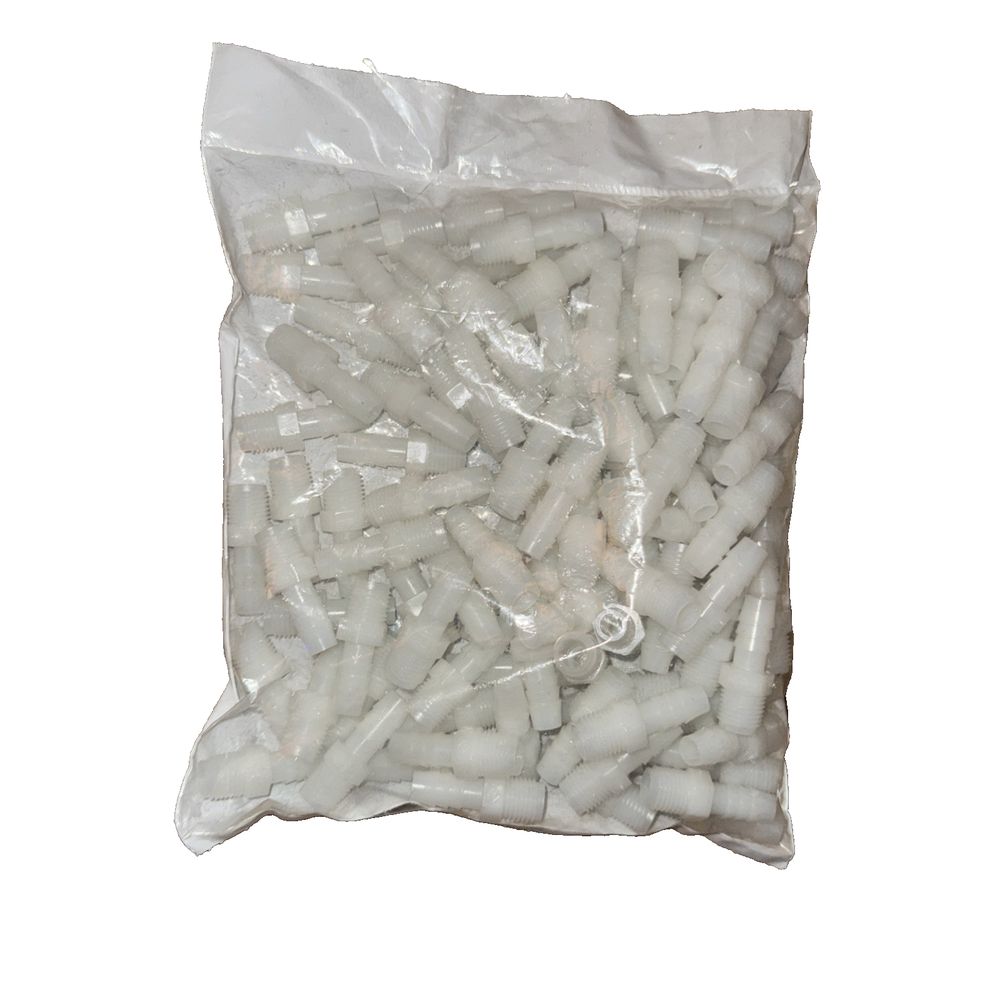 TA1046/N Nylon Adapter 1/4 NPT x 3/8 Barb 100 pack, THogus – a bag of white plastic peop