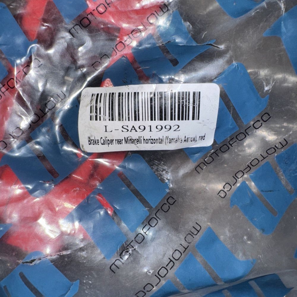 Rear Brake Caliper Red Minarelli (Aerox/Nitro) L-SA91992, Motoforco – a bag with a barcode label on it