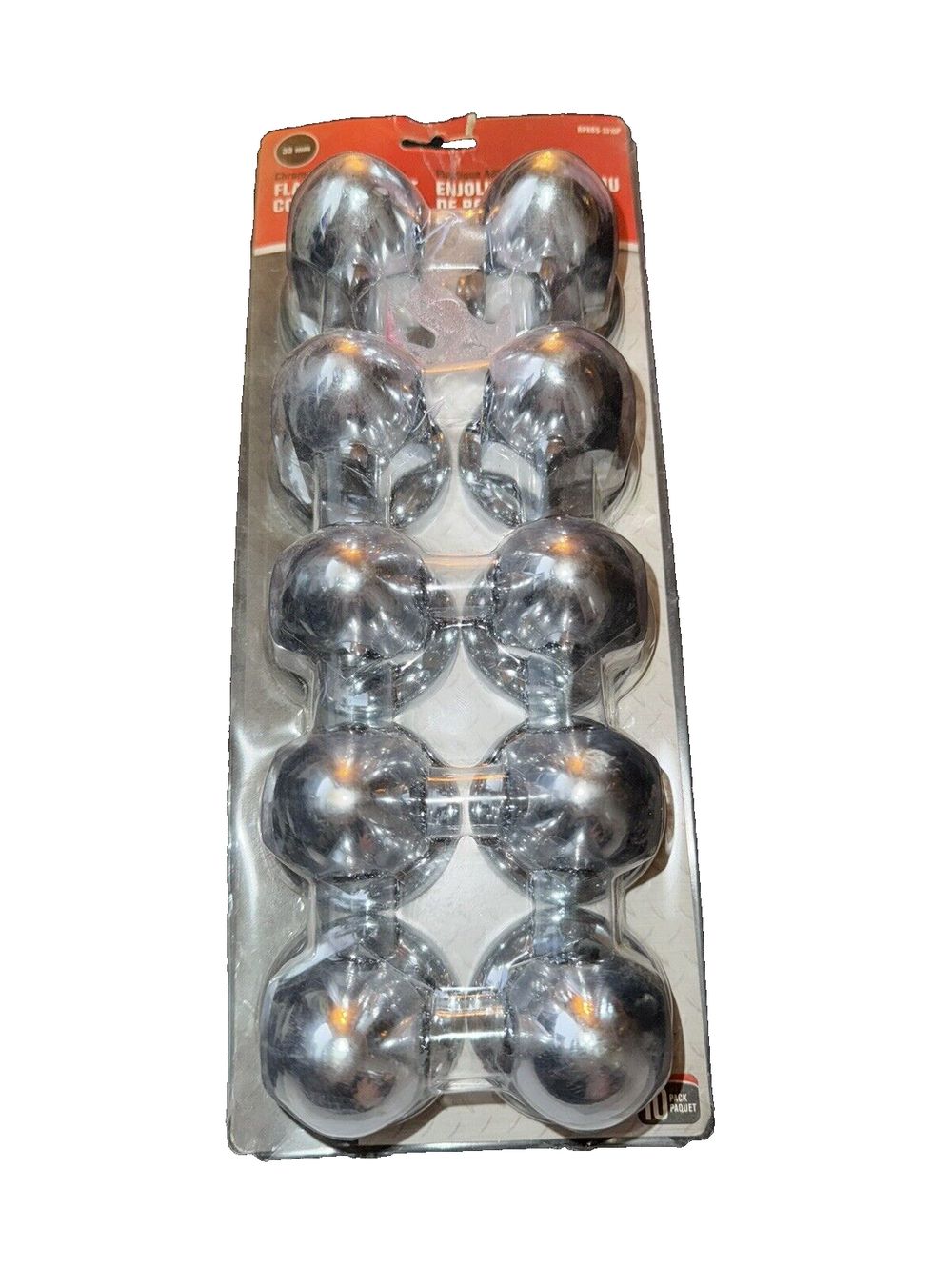 RoadPro RPABS-3310P 33mm Flanged Chrome Plated ABS Plastic Lug Nut Cover - 10 P – a package of silver colored plastic balls