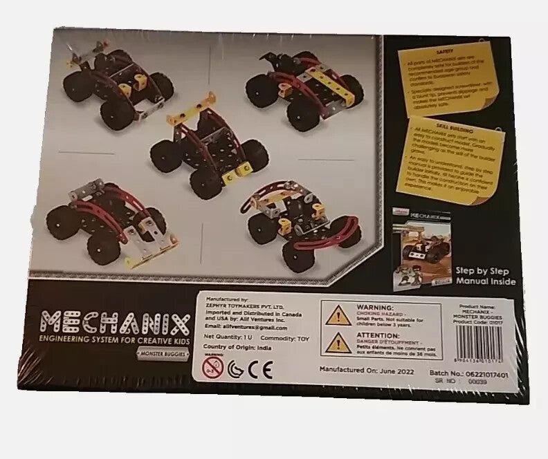 Mechanix Monster Buggies 5-in-1 Construction Toy - 80 Pcs DIY Engineering Kit – a box of four toy cars with a sticker