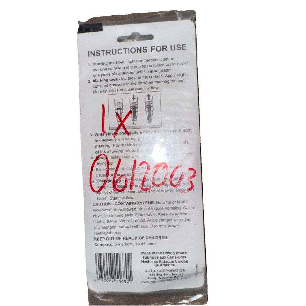 Y Tex Tag Ink Marker Black 3 Pack, YTEX – a package of a white plastic box with a red label