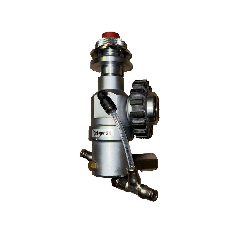Drager R33960, Draeger R33960 Pressure Reducer, Dräger – a silver metal water pump with a red light on the side