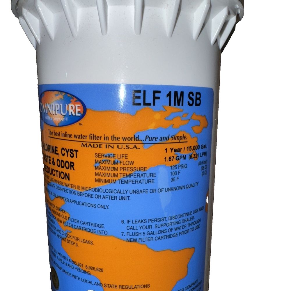 Omnipure ELF- 1M SB Series 5 Micron Carbon Block Water Filter – a white plastic cup with a blue and orange label