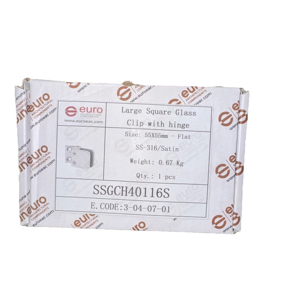 Large Square Glass Clip With Hinge 55MMx55MM SS-316/Satin, Euro Parts – a white paper with a brown and white label