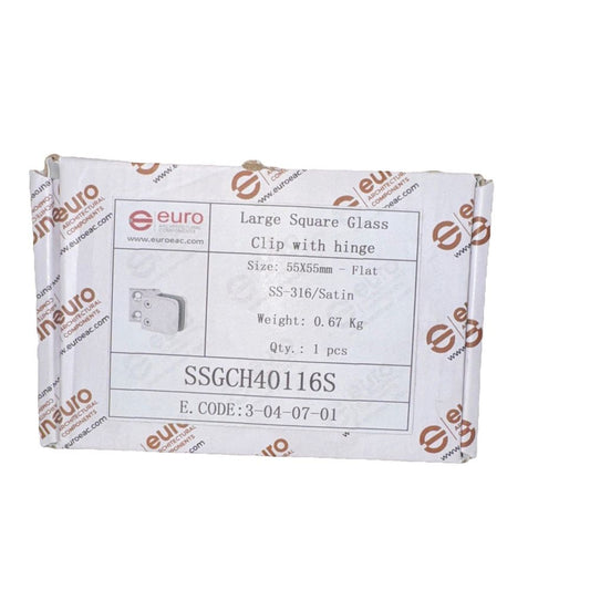 Large Square Glass Clip With Hinge 55MMx55MM SS-316/Satin, Euro Parts – a white paper with a brown and white label