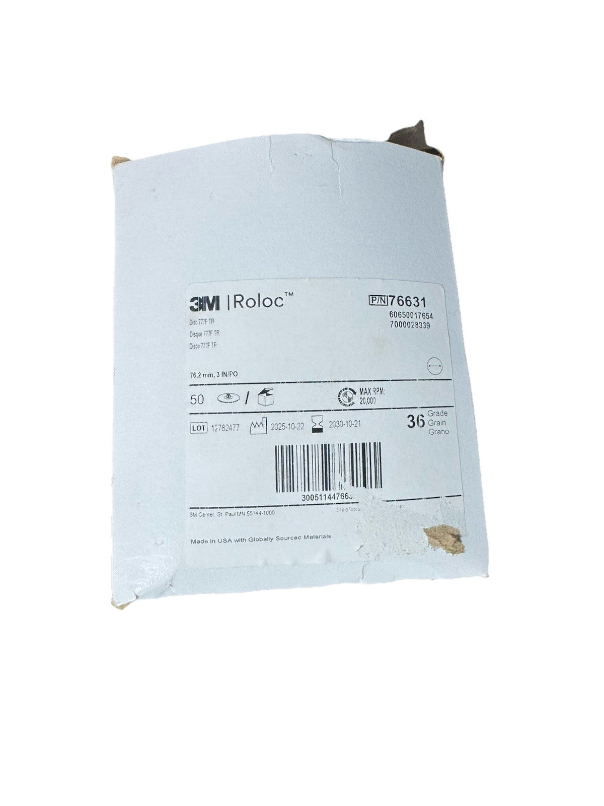 3M Roloc Disc 777F, TR, 3 in x NH, 36 YF-weight, 50/Carton