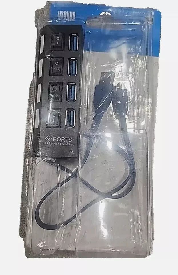 USB 3.0 Hub 4 Ports - Super Speed 5Gbps w/ On/Off Switch for Windows & Mac, Unbranded – a black and blue charger with a white cord