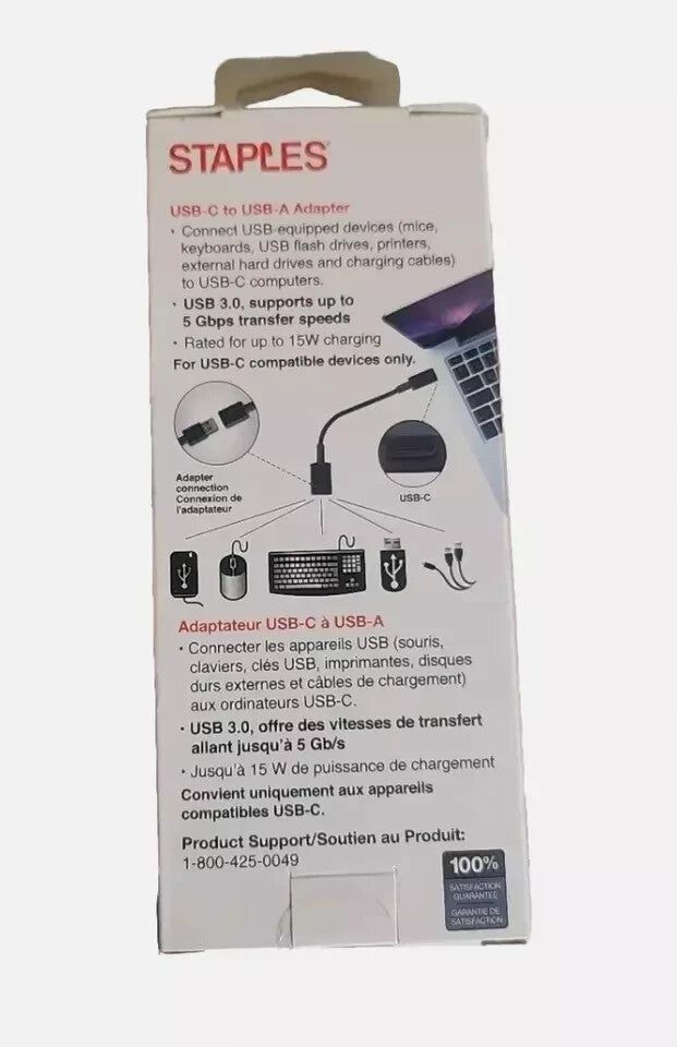 Staples 6" USB-C to USB 3.0 Adapter - High-Speed Data Transfer, Black – a box with a laptop and a mouse