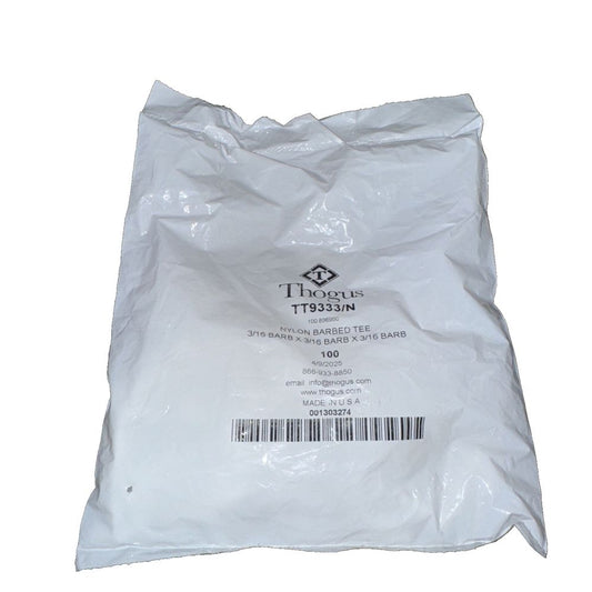 3/16" x 3/16" x 3/16" Hose ID Nylon Tee 100 Pack, Thogus – a bag of white plastic bags with a white label