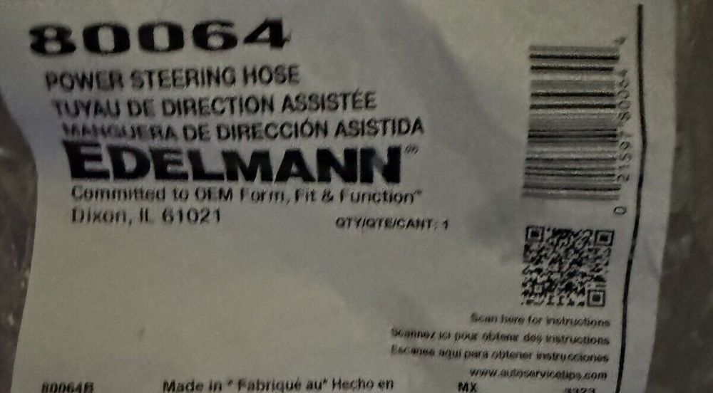 Plews Edelmann 80064 Power Steering Return Hose – a receipt with a barcode on it