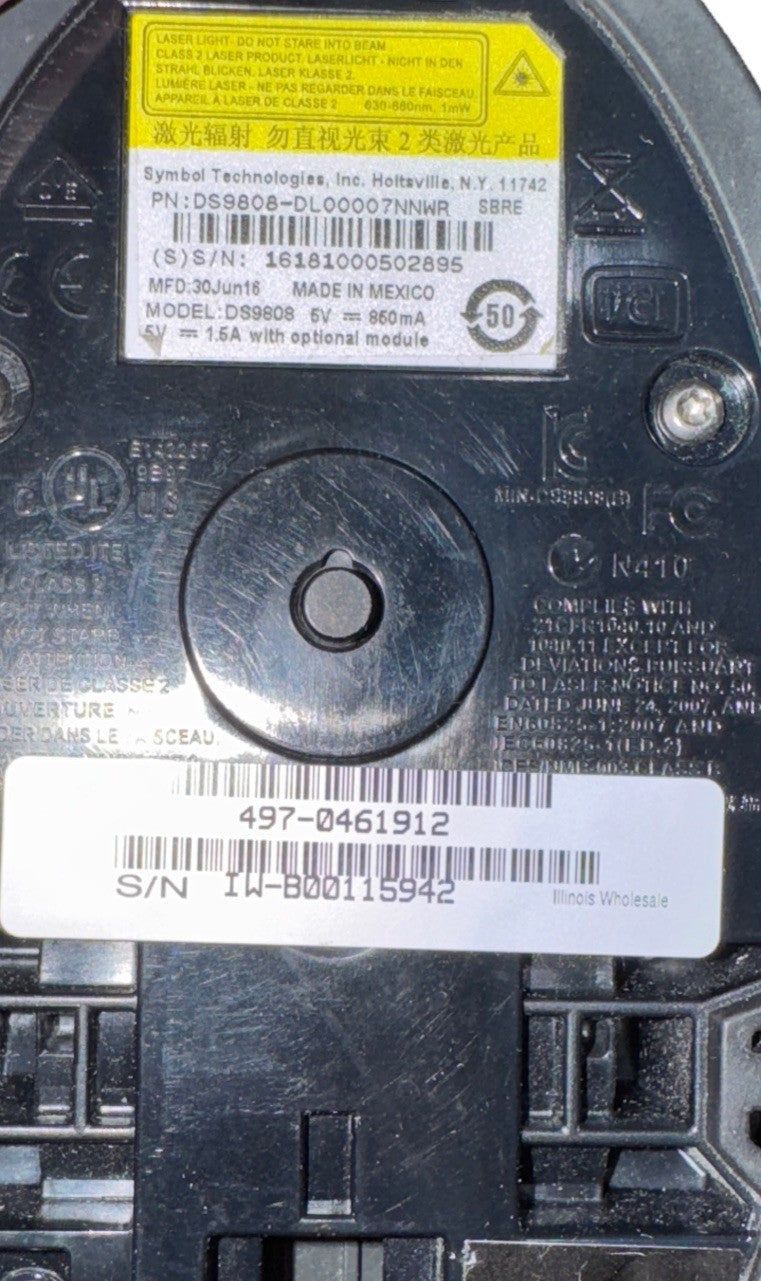 Motorola (Symbol) DS9806-Dl00007NNWR Barcode Scanner – a close up of the back of a black and white clock