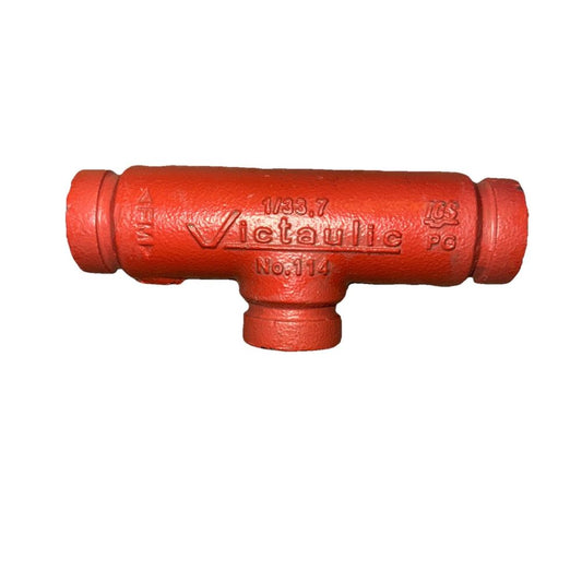 Victaulic 1/33.7 No.114 Grooved End T Fitting, DaveyDooDeals – a red cast pipe fitting