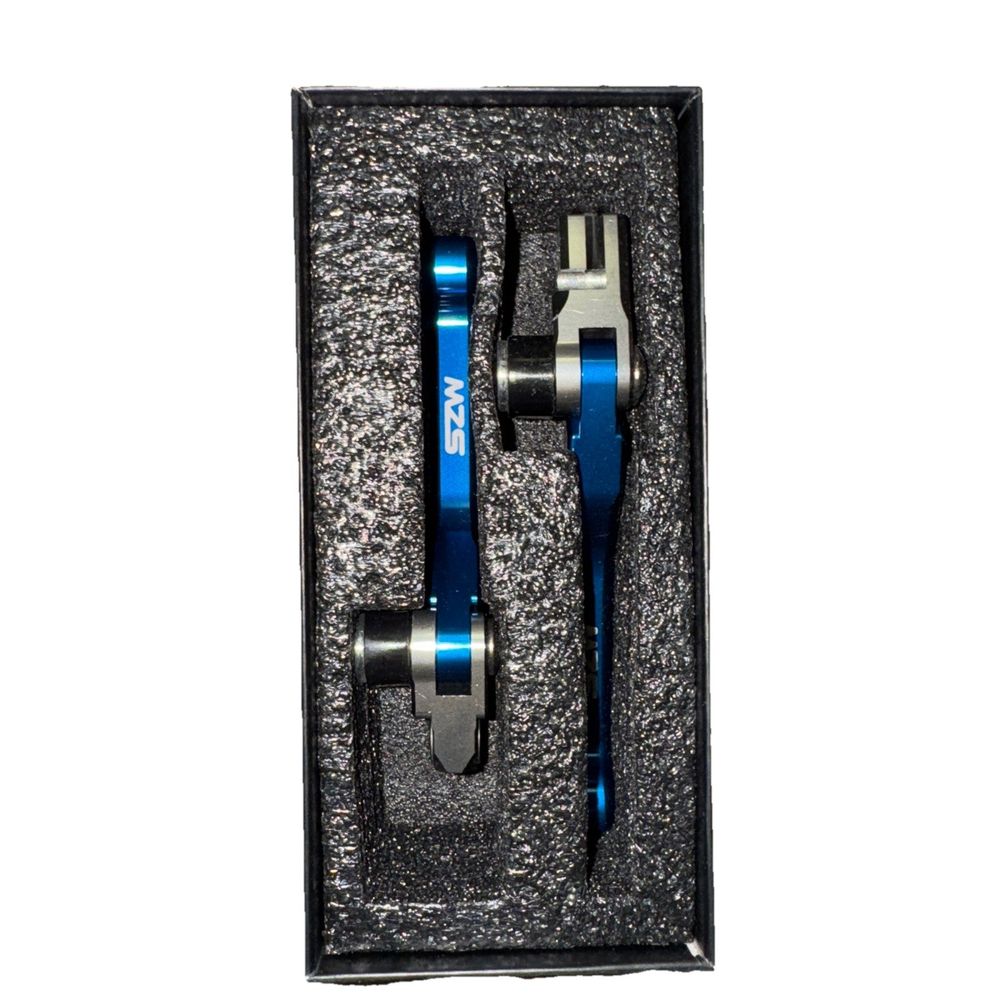 MZS Blue Dirt Bike Clutch/Brake Levers Pivot Compatible Withh TTR230, ETC – a pair of blue and silver metal earphones in a black box