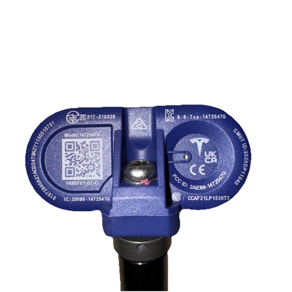 Complete Genuine OEM Tesla Model S X Bluetooth TPMS Tire Pressure Sensor 1472547 – a blue pressure gauge with a white background