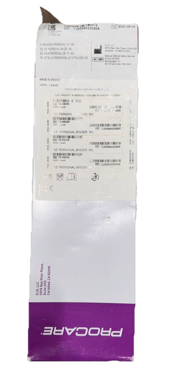 PROCARE Abdominal Binder Medium/Large Ref 79-89386 White – a receipt with a purple and white label