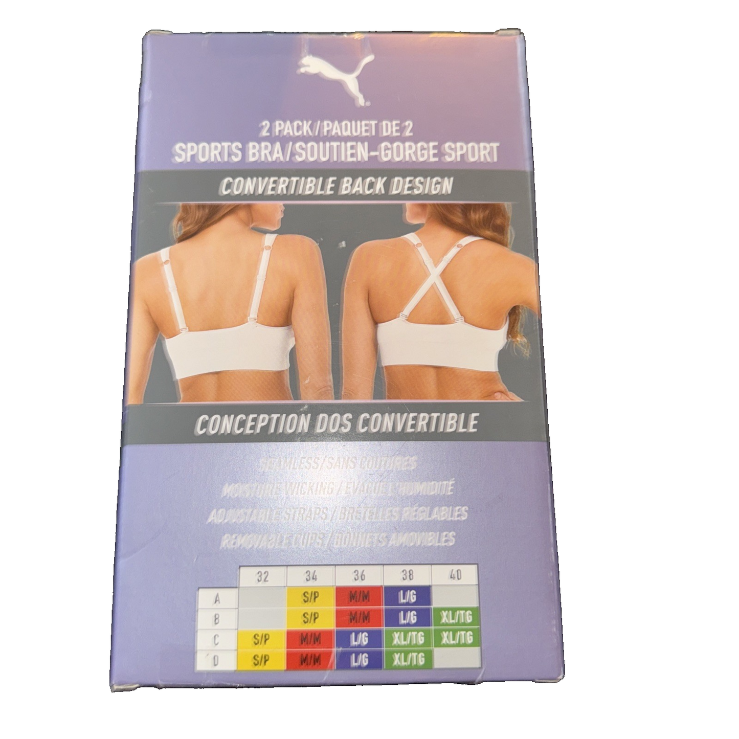 Puma 2 Pack Moisture Wicking Sports Bra Colors Purple and White Size Large