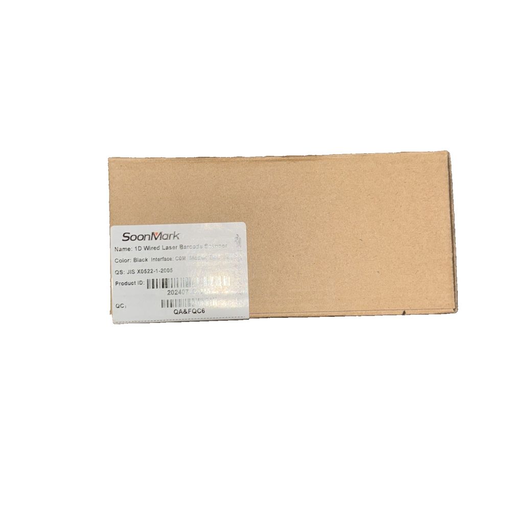 Soon Mark 1D Wired Laser Barcode Scanner – a cardboard box with a label on it