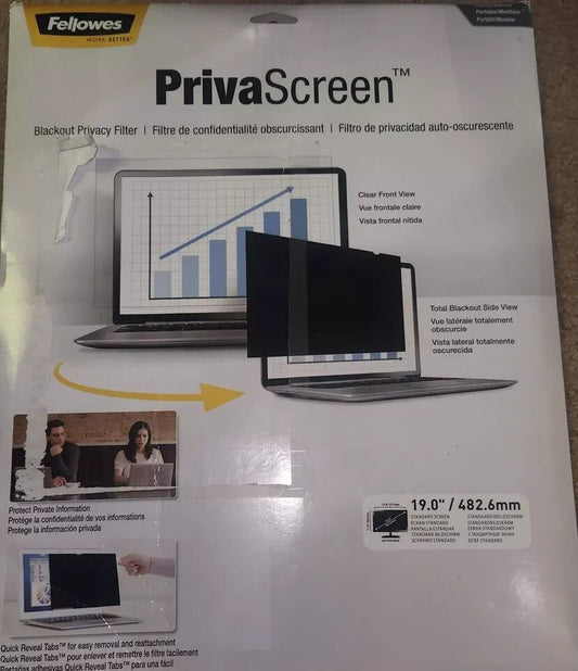 Fellowes PrivaScreen Privacy Filter for 19" Monitors - 16:9 Aspect Ratio - Model – a box with a laptop and a monitor