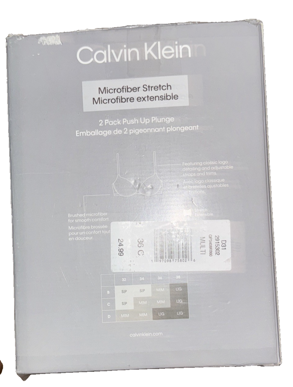 Calvin Klein 2-Pack Push Up Plunge Bra Grey And Pink Size 36C