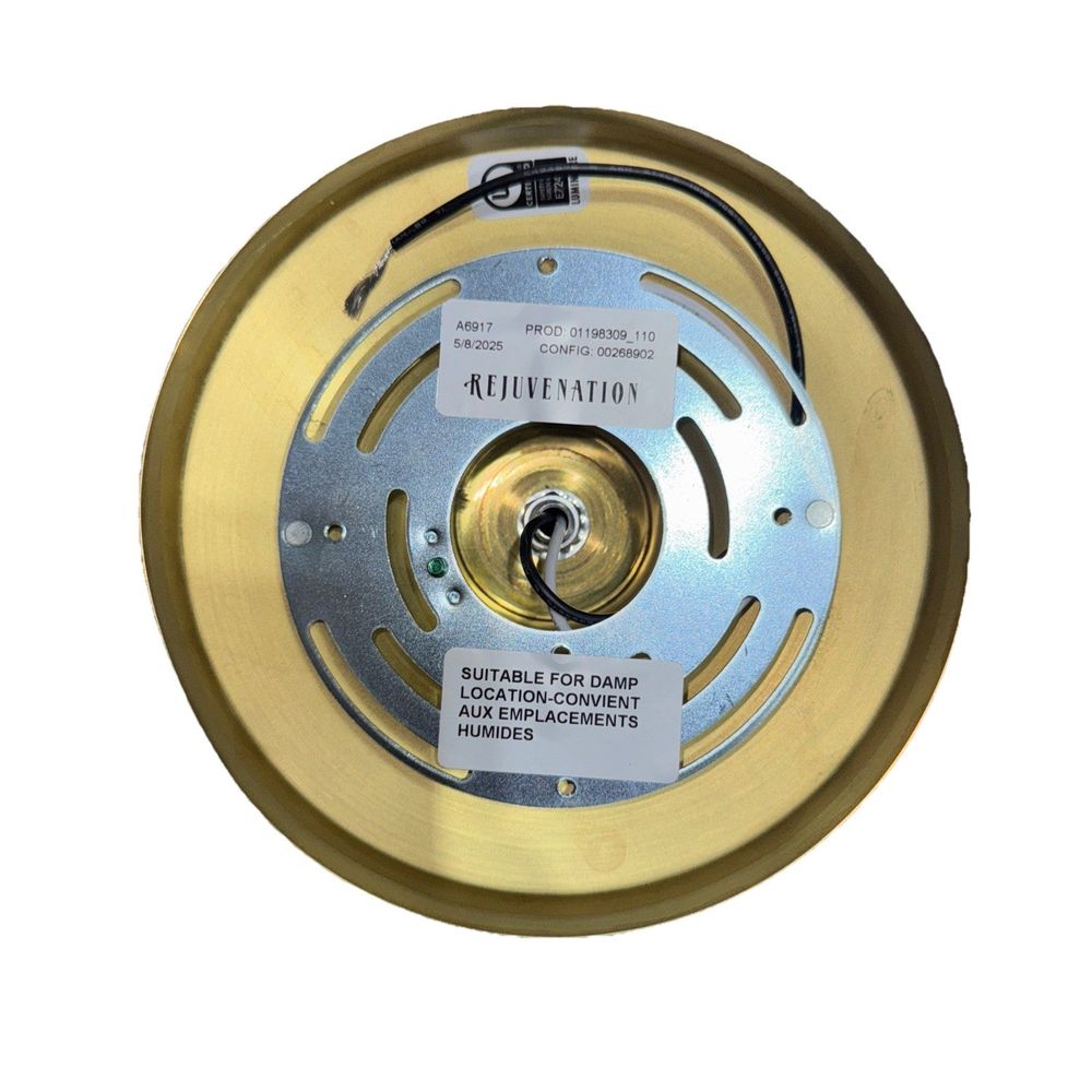 Eastmoreland 6" Fitter Semi-Flush Mount Brass, Rejuvenation – a brass plate with a black and white label
