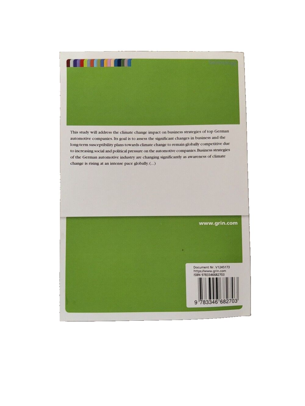 Impact of climate change on business strategies. German automotive companies' bu, DaveyDooDeals – the book cover for the book, with a green…
