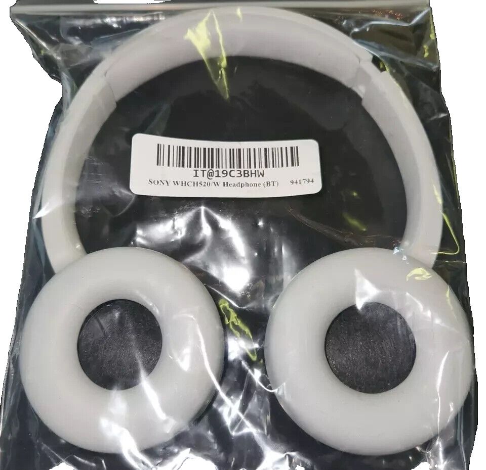 Sony WHCH520/W Wireless Bluetooth Headphones (White) - No Packaging, Great Condi – a pair of white ear pads with a black and white label