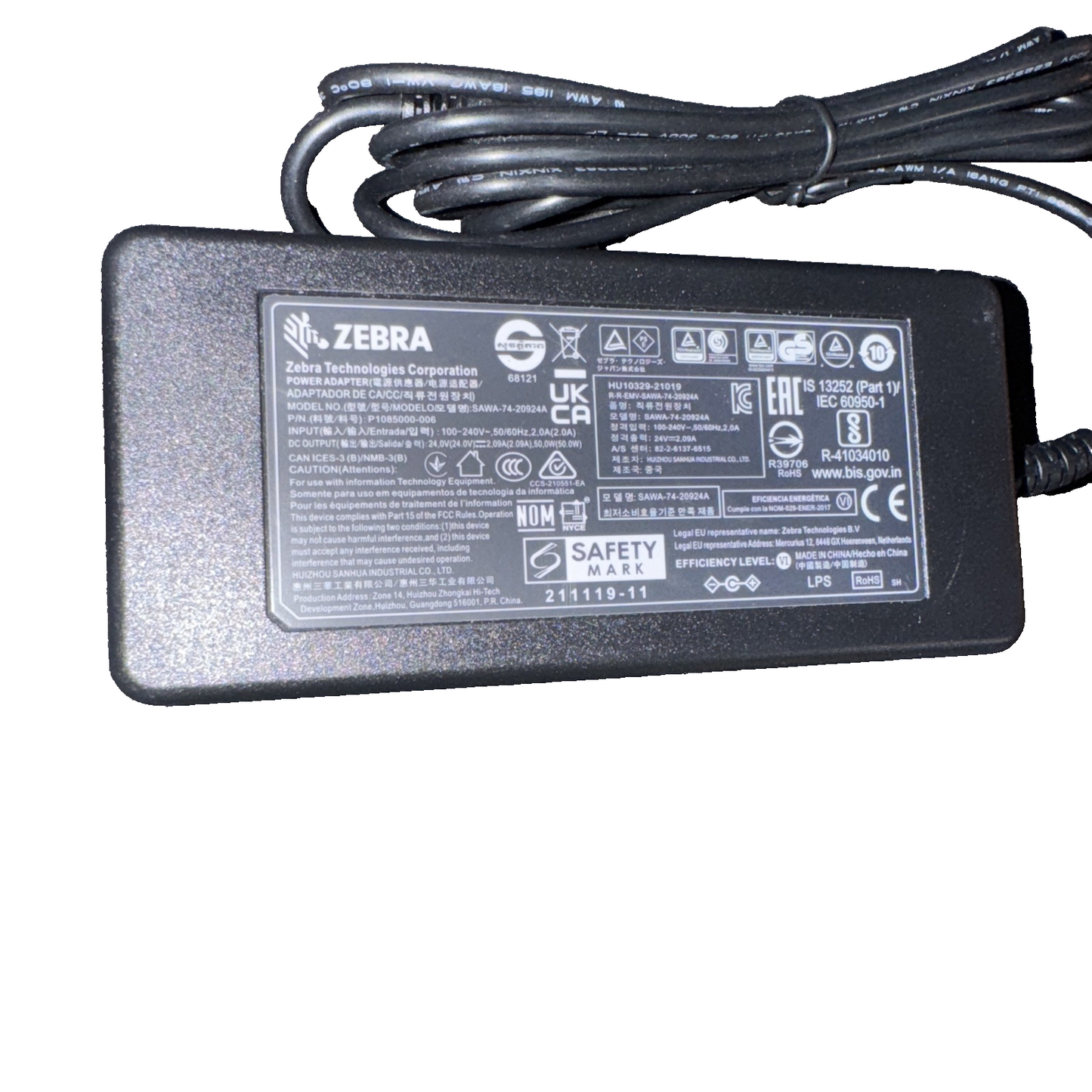 Zebra 50W AC Adapter 24V 2.09A SAWA-74-20924A P1085000-006 Power Supply