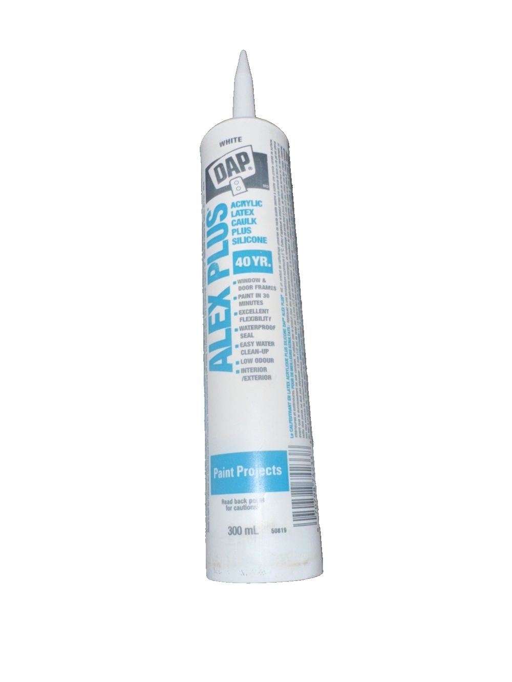 DAP ALEX PLUS® All-Purpose Acrylic Latex Caulk Plus Silicone White 300 mL – a white tube of glue for a white tube